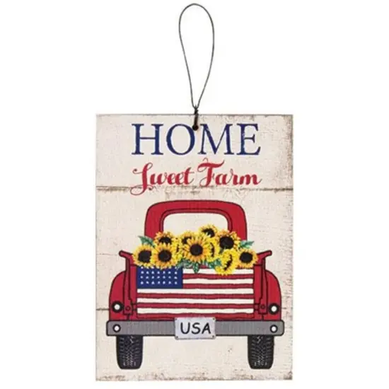 4"x3" Farmhouse Decor Ornament with Wooden &ldquo;Home Sweet Farm&rdquo; Sign Vintage Truck and Sunflowers {1}