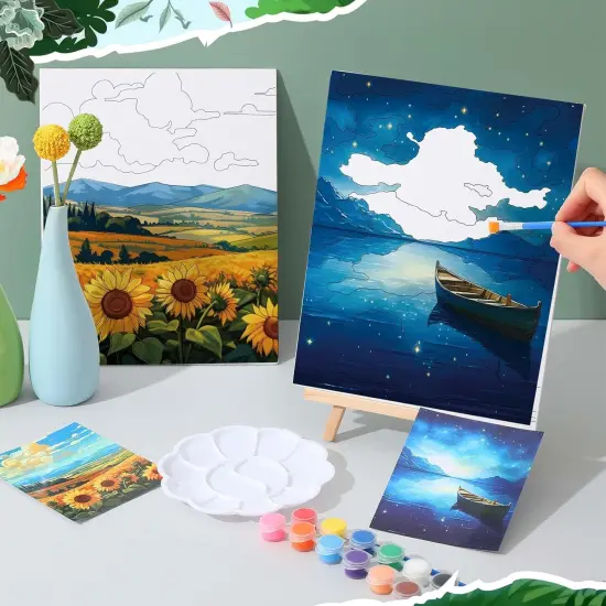 16 Sets Pre Sketched Coloring Canvas with Easels and Brushes (8x10 Inch, Landscape) {4}