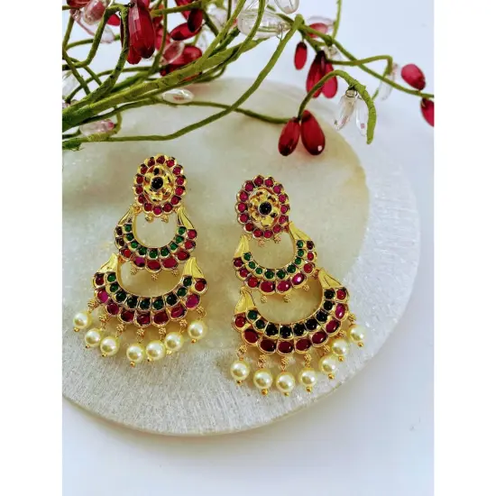 Indian Jhumka Earrings for Women - Vintage Indian Jhumki Ethnic Chandbali Earrings Pink & Green Beaded Bollywood Style Dangle Earring Jewelry for Bride | Gift for Her {4}