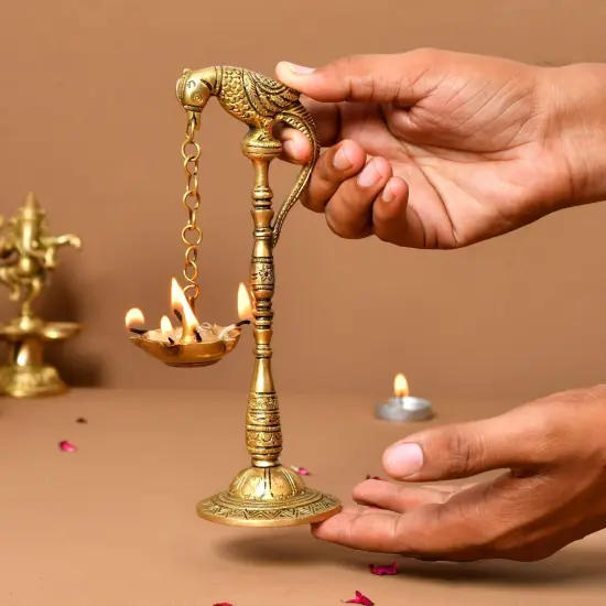 2 Pc Parrot Brass Oil Diya Kerala Samai Puja Diya Traditional 7.5 Inches Bird Pair Hanging Chain Oil Lamp Hindu Religious Kathu Vilakku Deepak for Home Temple Diwali Decor Housewarming Gift {2}