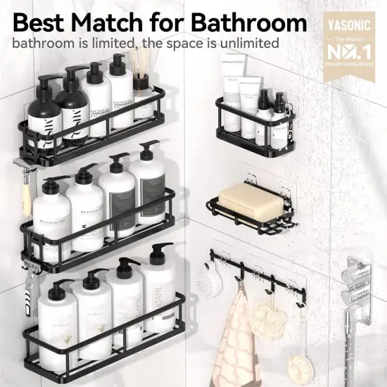 6 Pack Shower Caddy Organizer with Soap Holder and 12 Hooks - Black (L Size) {5}
