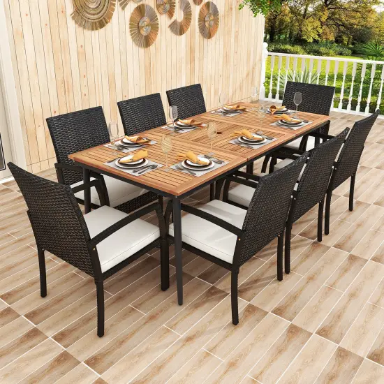 Outdoor 9-Piece Rattan Dining Set with Large Acacia Wood Table and Cushioned Chairs Umbrella Hole {1}