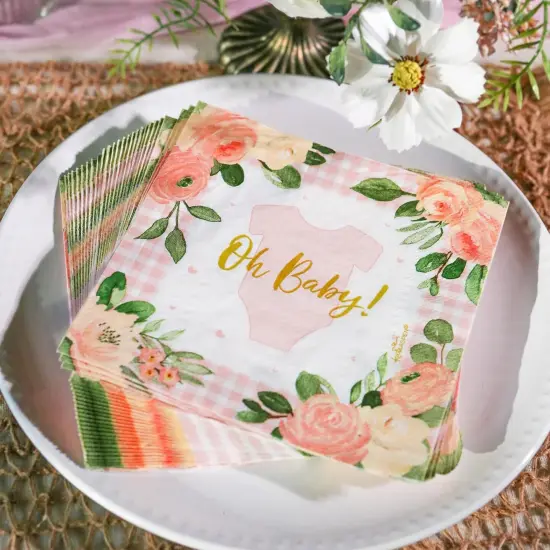 62Pcs Pink Floral Onesie Baby Shower Tableware Set &ndash; Plates & Napkins {3}