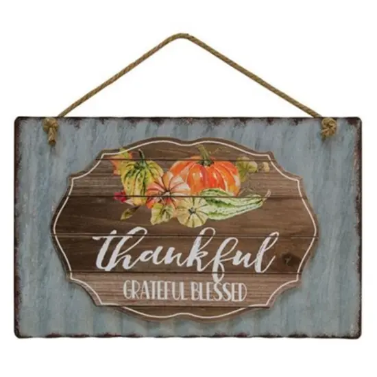 Rustic Thankful Grateful Blessed Wall Sign with Corrugated Metal and Wooden Fall Harvest Design {1}