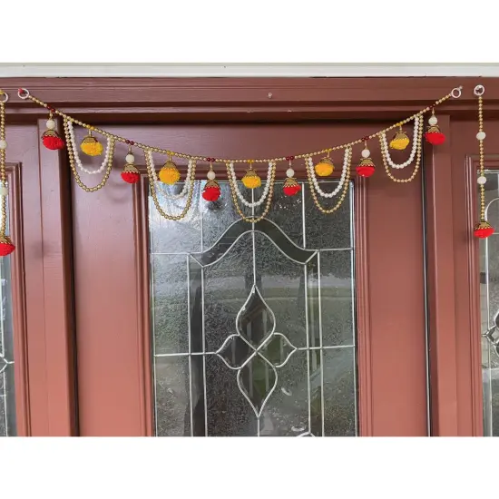 40 Inches Pompom Indian Door Toran Ethnic Hanging Valance Festival Window Bandarwal Indoor Outdoor Decor Pooja Decor Wedding Favor Diwali Decoration {5}