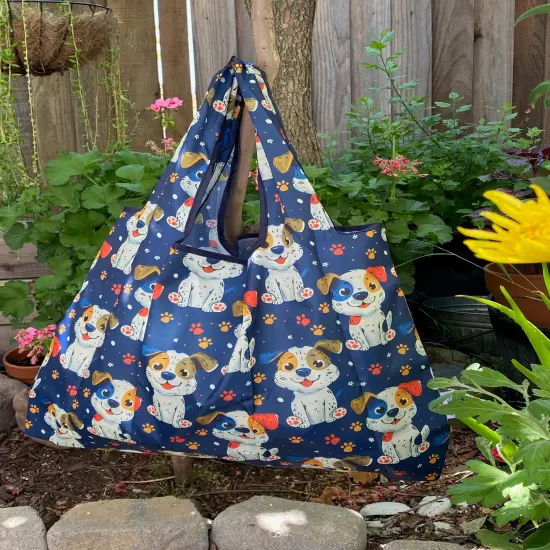 Wrapables Large Foldable Tote Nylon Reusable Grocery Bags, Puppies and Paws {6}