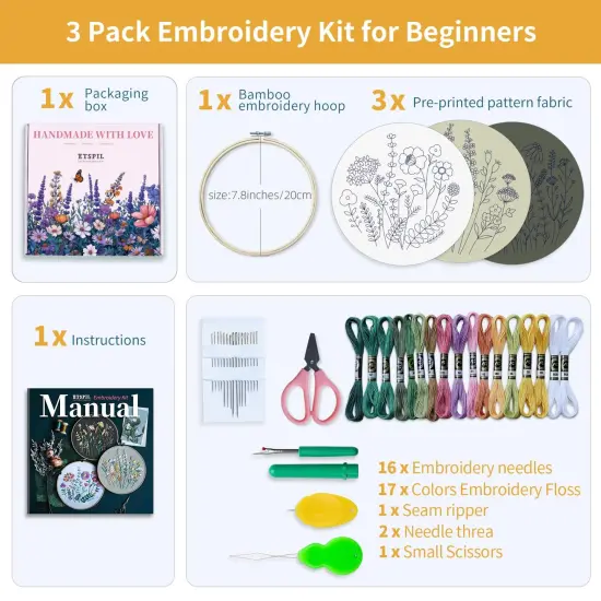 3 Pack Beginner Embroidery Kits, DIY Starter Set with Stamped Flower Designs, Embroidery Hoop, Colorful Threads, Tools {6}