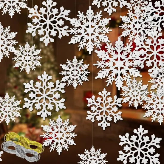 46 Pcs White Glitter Snowflake Ornaments - White, silver {1}