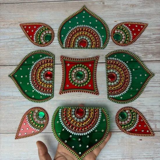Diwali Acrylic Rangoli Set Decorative Pooja Floor Rangoli with Studded Stones Indian Traditional Multicolor Handmade Reusable Rangoli Set Festive Home Decor Housewarming Gift {4}