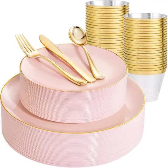 150Pcs Disposable Tableware Set 25 Guests - Pink and Gold {1}