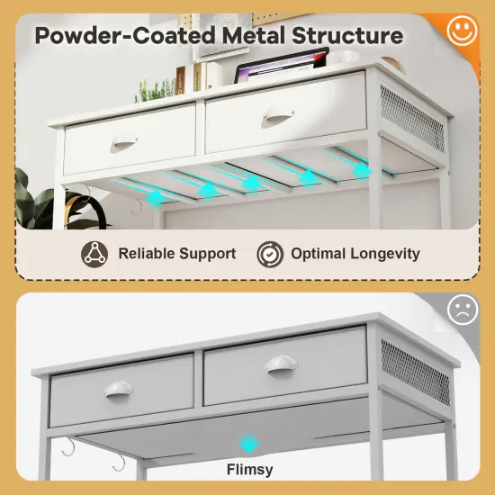 Costway Space Saving Home Computer Desk with 2 Fabric Drawers 4 Hanging Hooks & Metal Frame Brown/White {6}