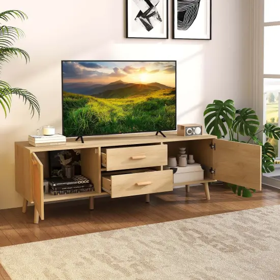 Costway Rattan TV Stand for 65-Inch TV 59" TV Console Cabinet Boho Entertainment Center {2}