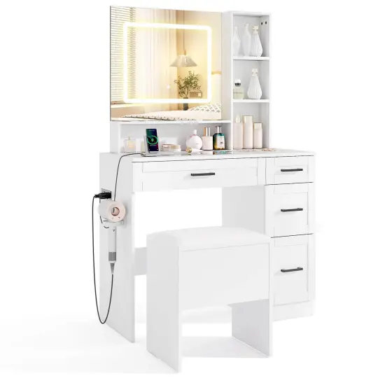 Costway 35.5" Makeup Table Set Vanity Desk with Mirror and Lights 2 Open Shelves Glass Top {1}