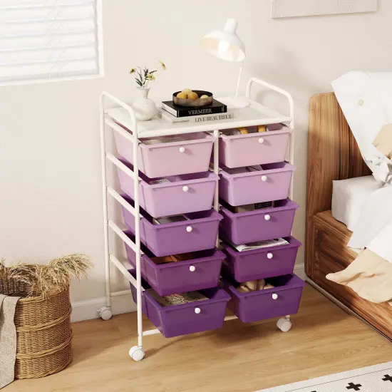 Costway 10-Drawer Storage Cart Utility Rolling Trolley Kitchen Office Organizer Black/Clear/Macaron/Grey/Black Gardient/Multicolor/Pink/RainbowithWhite/Hot Pink/Skin Pink/Purple {4}