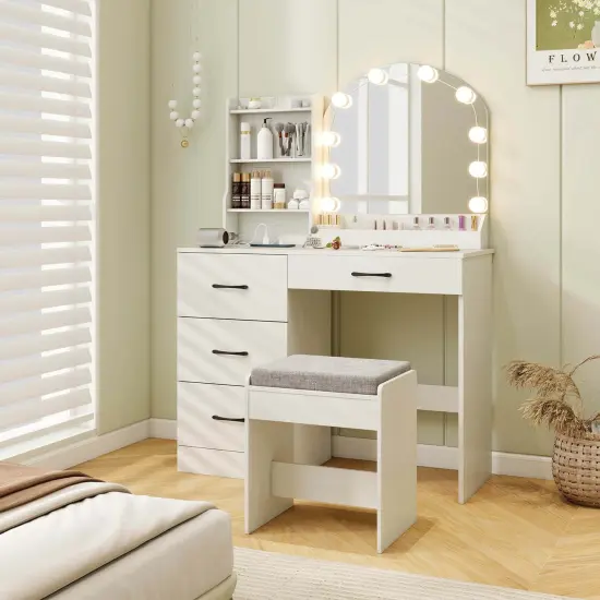 Costway Vanity Set with Mirror and Lights Dressing Table and Chair 4 Drawers 3 Open Shelves Black/White {1}