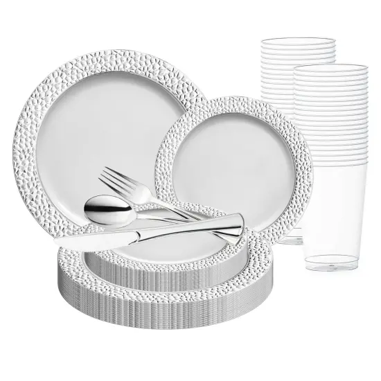 White with Silver Hammered Rim Round Plastic Wedding Value Set (20 Settings) {1}