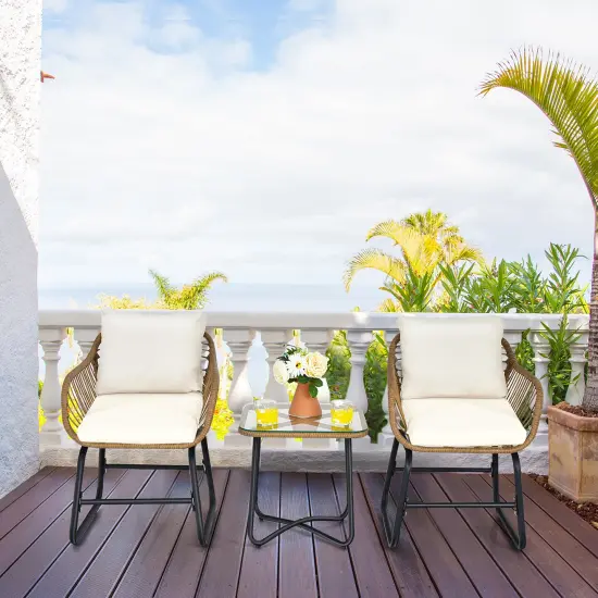 Costway 3PCS Patio Rattan Bistro Set All-Weather Cushioned Chair Table White {1}