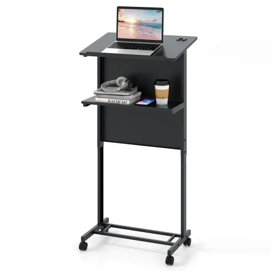 3-Position Black Height Adjustable Lectern Table with Tilted Tabletop and Built-In Cable Hole {4}