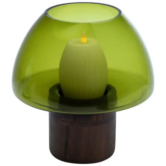 Northlight Transparent Glass Candle Holder with Wooden Base - 9.75" - Olive Green {7}