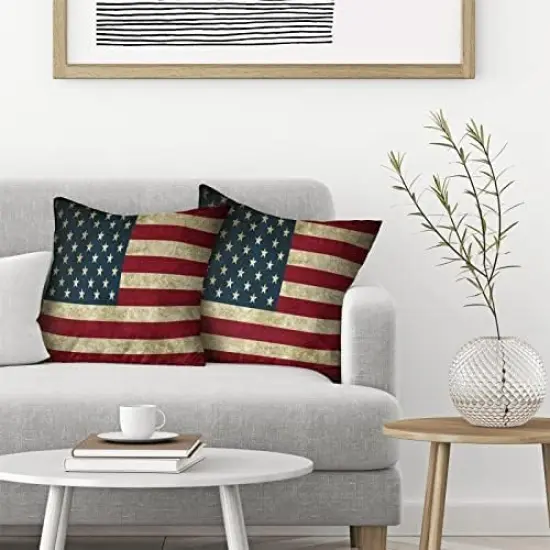 Vintage American Flag Pillow Covers 22x22 Inch Set of 2 {3}
