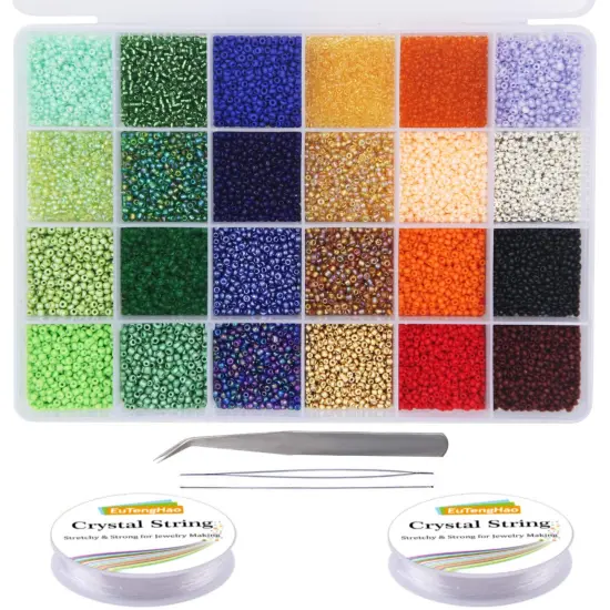 EuTengHao 14400pcs Glass Seed Beads Small Craft Beads for DIY Bracelet Necklaces Crafting Jewelry Making Supplies with Two 0.5mm Clear Bracelet String (600Pcs Per Color, 24 Colors) {1}