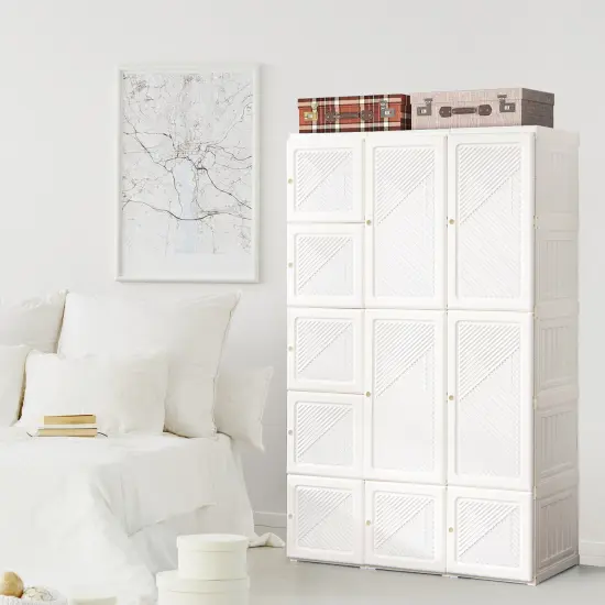 White ABS Foldable Armoire Wardrobe Closet with 2 Retractable Rods and 10 Cubes {2}