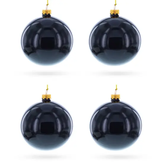 Set of 4 Glossy Black Glass Ball Christmas Ornaments 4 Inches {1}