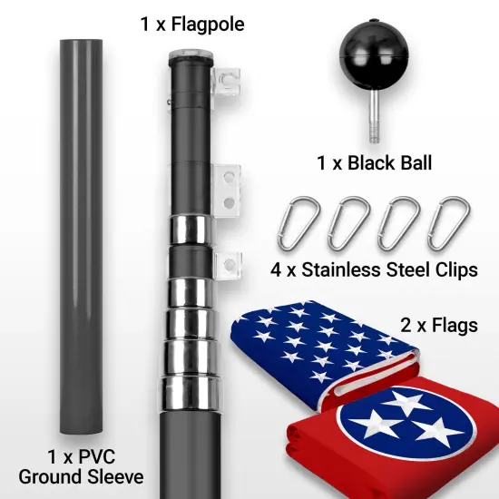 G128 Combo Pack: 25 Ft Telescoping Aluminum Flagpole (Black) & American and Tennessee Flags 3x5 Ft, Both StormFlyer Series Embroidered 220GSM Spun Polyester | Pole with Flags Included {2}