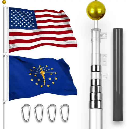 G128 Combo Pack: 25 Ft Telescoping Aluminum Flagpole (Silver) & American and Indiana Flags 3x5 Ft, Both StormFlyer Series Embroidered 220GSM Spun Polyester | Pole with Flags Included {1}