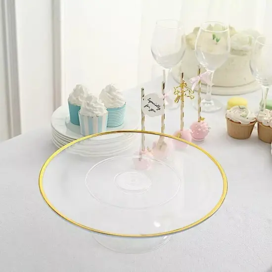 2 Clear 12 in Round Plastic CAKE STANDS Dessert Pedestal Gold Trim Party Events {2}
