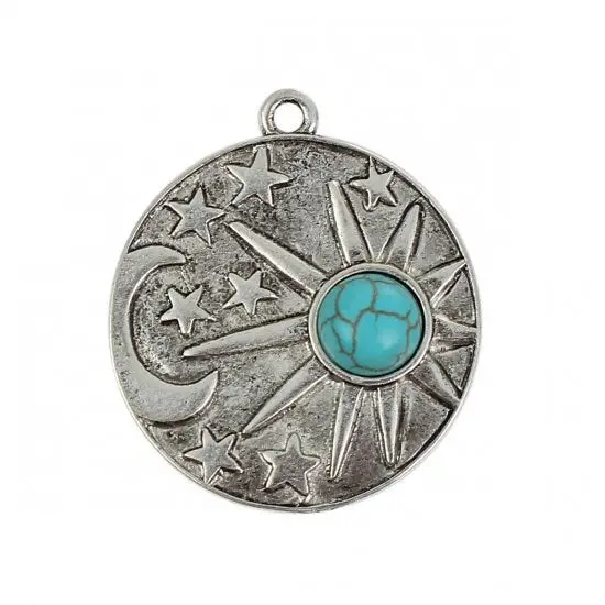 34x29mm Antique Silver w/Turquoise Sun Moon Pendants - 6pcs {3}