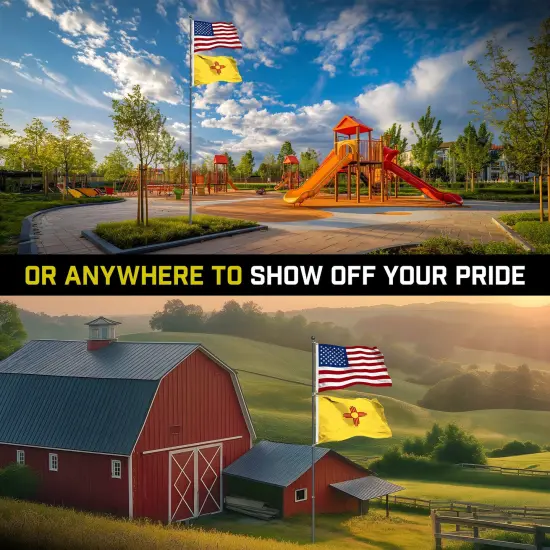 G128 Combo Pack: 25 Ft Telescoping Aluminum Flagpole (Black) & American and New Mexico Flags 3x5 Ft, Both StormFlyer Series Embroidered 220GSM Spun Polyester | Pole with Flags Included {6}