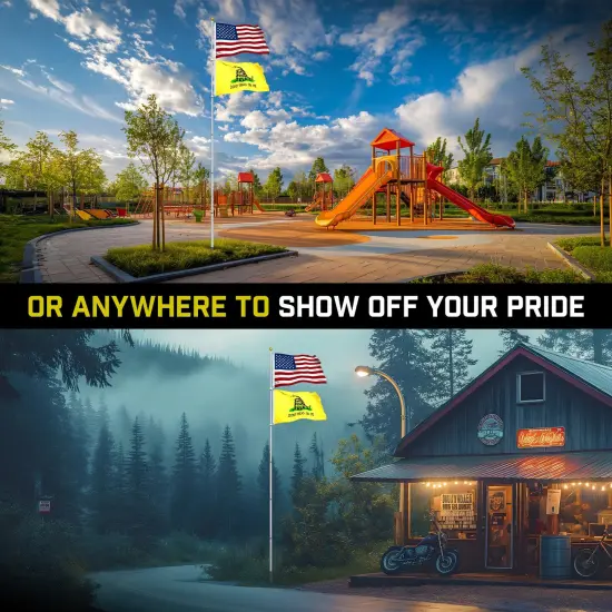 G128 Combo Pack: 25 Ft Telescoping Aluminum Flagpole (Silver) & American and Gadsden Flags 3x5 Ft, Both StormFlyer Series Embroidered 220GSM Spun Polyester | Pole with Flags Included {6}