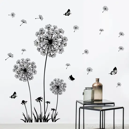 Supzone Dandelion Wall Stickers Flower Wall Decals Butterflies Flying Wall Decors Art Stickers for Bedroom Living Room Sofa Backdrop TV Wall Decor (White Black) {6}