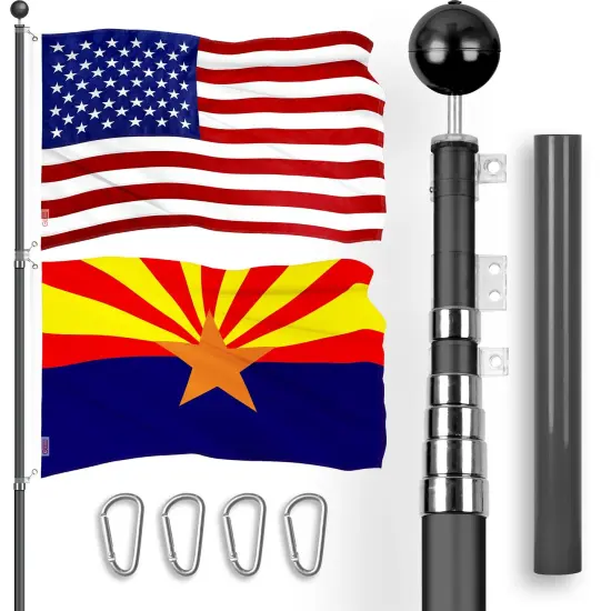 G128 Combo Pack: 25 Ft Telescoping Aluminum Flagpole (Black) & American and Arizona Flags 3x5 Ft, Both ToughWeave Series Embroidered Polyester | Pole with Flags Included {1}