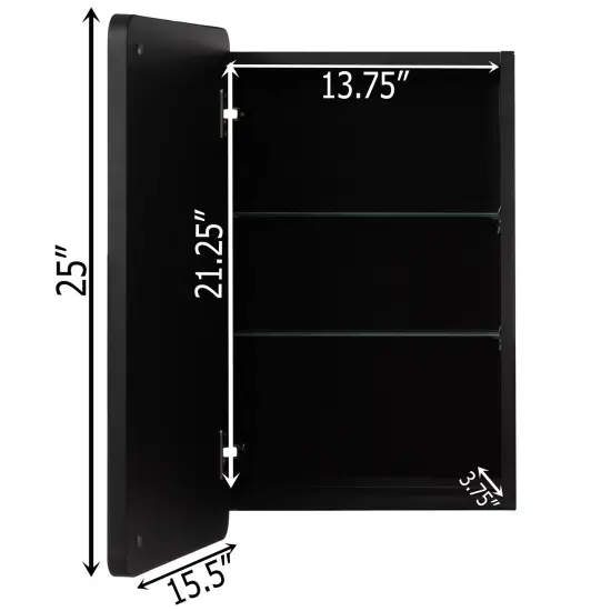 Basicwise Multi-Purpose Aluminum Bathroom Storage Medicine Cabinet - Beveled Edge Mirror and Sleek Round Corner Frame with 2 Adjustable Shelves, Recessed or Surface Mount Installation, Black Finish {4}