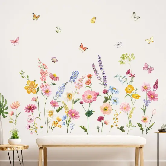 decalmile Flower Wall Decals Daisy Wildflower Grass Butterflies Wall Stickers Girls Bedroom Living Room Home Office Wall Decor {1}