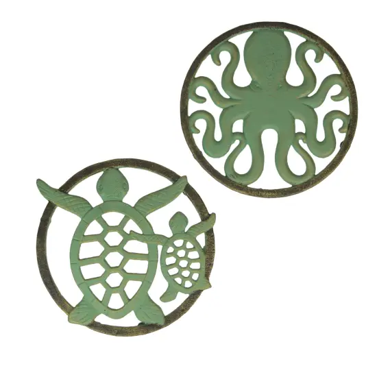 Cast Iron Trivet Set: Nautical Octopus & Sea Turtle Design, Verdigris Finish {1}