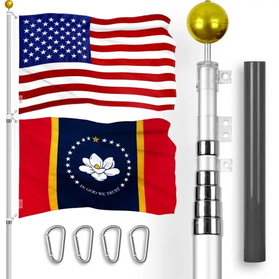 G128 Combo Pack: 20 Ft Telescoping Aluminum Flagpole (Silver) & American and Mississippi Magnolia Flags 3x5 Ft, Both ToughWeave Series Embroidered Polyester | Pole with Flags Included {1}