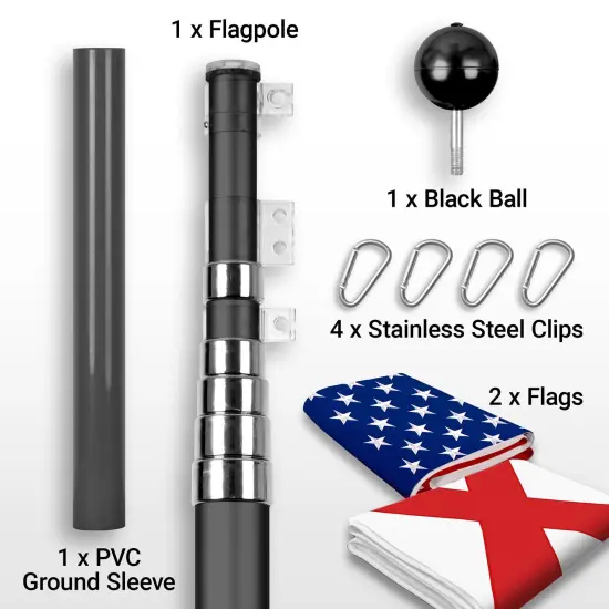 G128 Combo Pack: 20 Ft Telescoping Aluminum Flagpole (Black) & American and Alabama Flags 3x5 Ft, Both ToughWeave Series Embroidered Polyester | Pole with Flags Included {2}