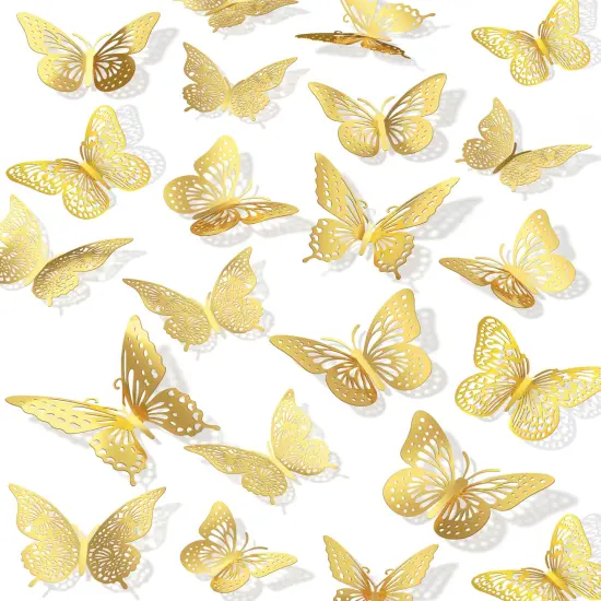 72Pcs 3D Butterfly Wall Decor, Gold Butterfly Fathers Day Decorations, 4 Styles 3 Sizes Removable Butterfly Room Decor Butterfly Wall Stickers for Birthday Party Garden Tea Cake Flower Decorations {1}