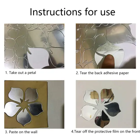 18pcs Acrylic Mirror Wall Sticker Decal for Home Living Room Bedroom Decor 3D Flower DIY Wall Decoration Silver {2}