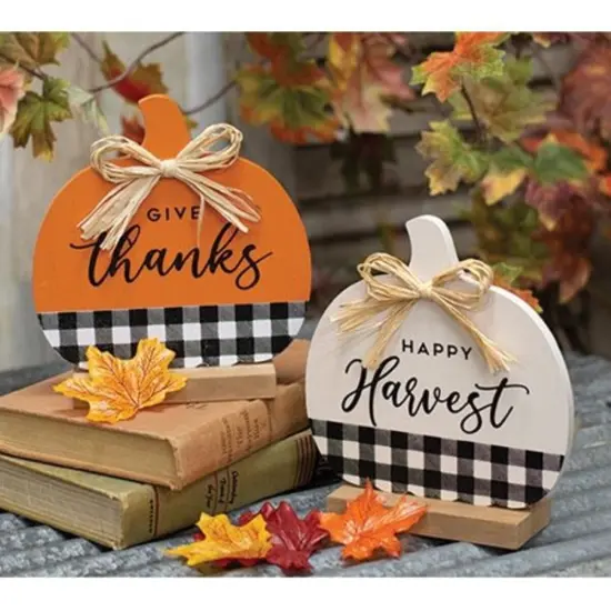 Buffalo Check Pumpkin Wooden Sitter for Mantel or Shelf Decor Give Thanks {4}