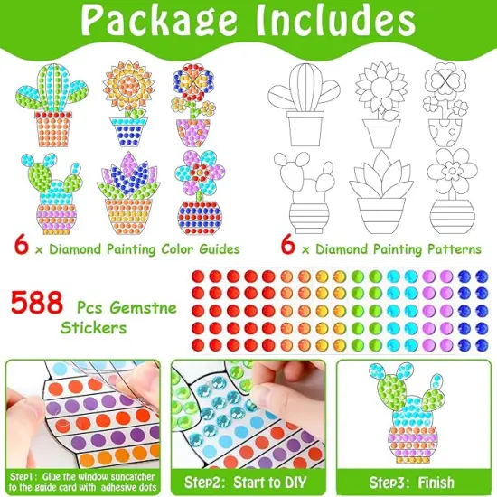 6 Pcs Spring Arts Crafts DIY Flower Potted Gem Diamond Suncatcher Craft for Kids Succulents Window Diamond Plant Painting Gifts Exchange for Teen School Classroom Activities Games Party Decors {2}