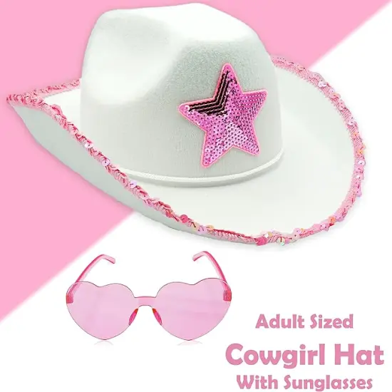 4E's Novelty White Cowgirl Hat with Pink Star, Brim Sequins and Light Pink Heart Sunglasses - Sparkly Cowgirl Hat Perfect Cowgirl Costume for Girls {6}