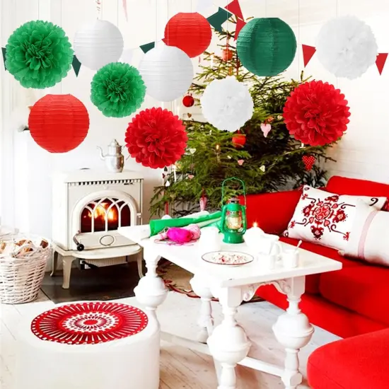 Red-Green White Party-Decorations Christmas Flowers Lanterns - 15PCS Italian Mexican Independence Day Paper Tissue Pom Poms Streamers,Mexico Italy Birthday Baby Shower Wedding Hanging Decor {2}