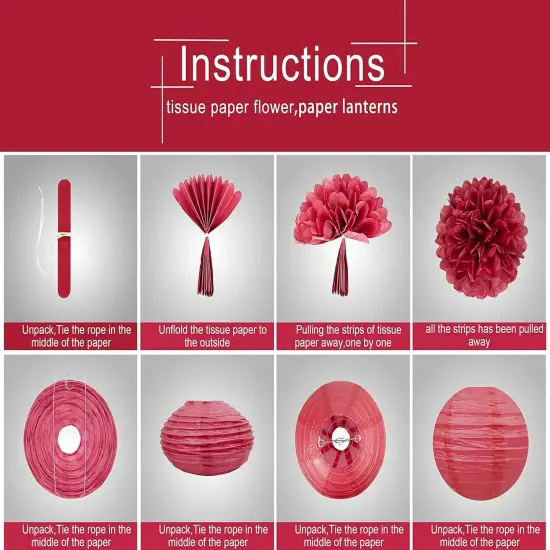White Red Black Party Decorations - 15Pcs Tissue Paper Flower Pom Poms Lanterns Birthday Wedding Graduation Bachelorette Hanging Decor {3}