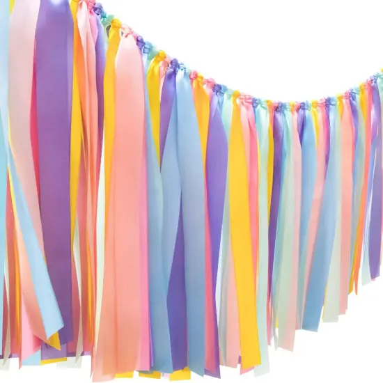 Pastel Rainbow Ribbon Tassel Garland Colorful Fabric Banner Hanging Patry Decoration Backdrop for Baby Shower, Highchair, Birthday Macron Banner Backdrop Decor 40 Inches(L) X 14 Inches(W) {1}