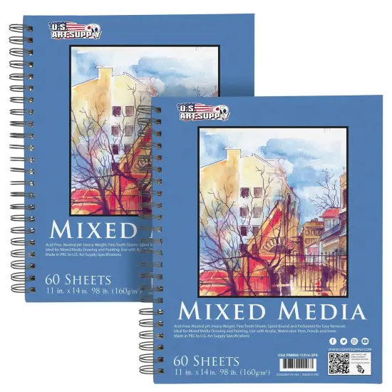 11"x14" Mixed Media Sketchbook, 2 Pack (60 Sheets), 98 lb (160 gsm) - Spiral-Bound Pad with Perforated Acid-Free Paper - Artist Sketch Book For Drawing, Painting, Watercolor {1}