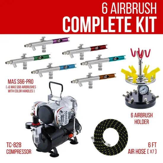 6 Master Performance Multi-Purpose Precision Dual-Action Siphon Feed Airbrushes with Twin Cylinder Piston Airbrush Compressor with Air Storage Tank {2}